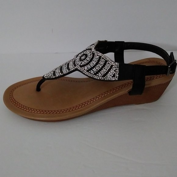 Melly Black T-Strap Sandals Platform Low Wedge Size 7 - Picture 10 of 12